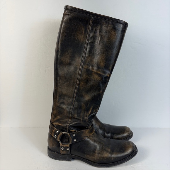 ❤️ Frye Phillip Harness Boots Black Distressed Leather Moto Biker 8 *Flaw - Picture 4 of 9